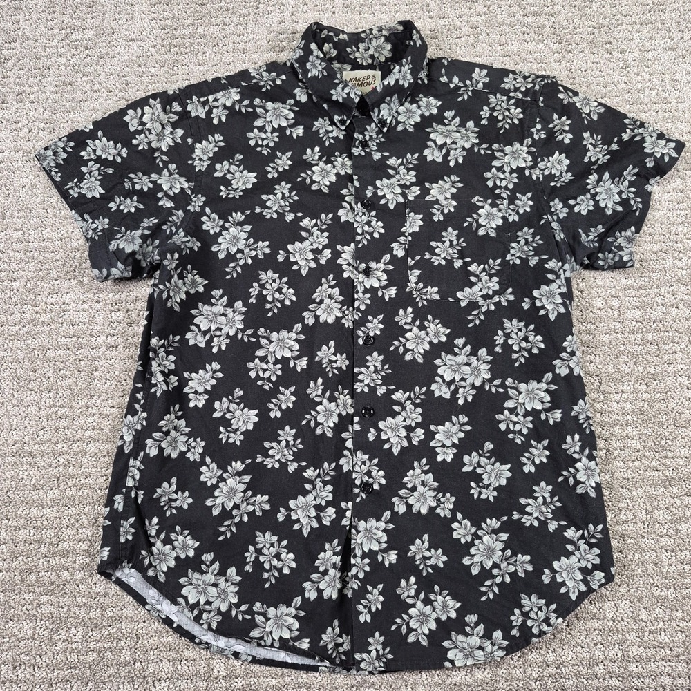 Naked & Famous Easy Shirt Mens L Black Flower Sketch Japanese Cotton Floral SS